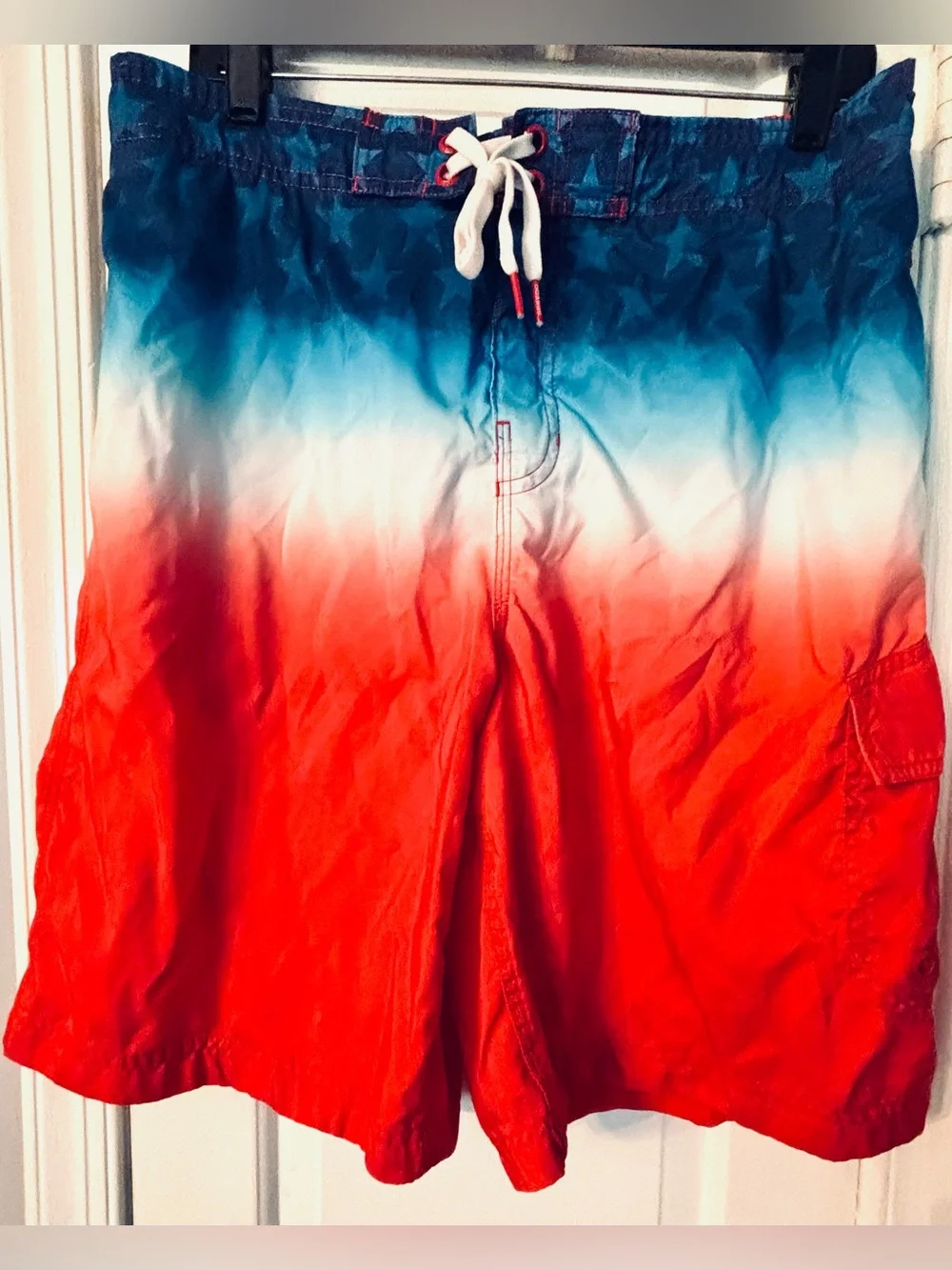 Men’s Speedo Patriotic Red White Blue Stars Ombre Swim Board Shorts- size L